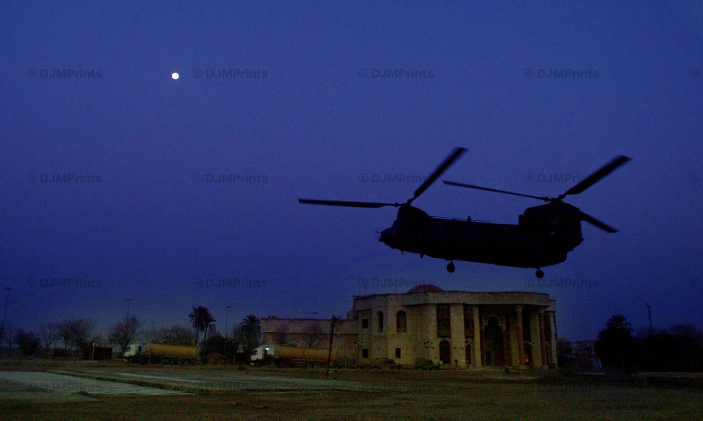 An RAF Chinook Helicopter lands at the  Saddams Place in Basra as Iraq preperes for the elctions on the 30th January 2005    PA Photo Andrew Parsons